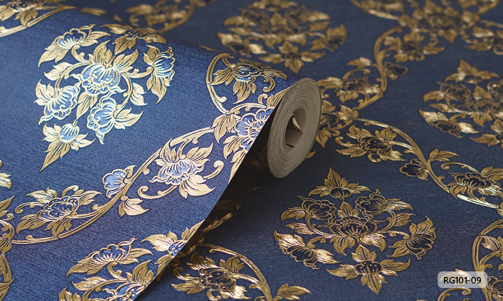 RG101-09 วอลเปเปอร์ลายไทย ลายเทพนม สีทอง สีน้ำเงิน
