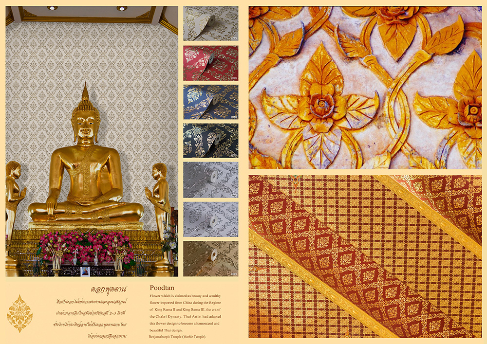 RG101-วอลเปเปอร์ติดผนัง ลายไทย ลายดอกพุดตาน สีทอง สีเทา